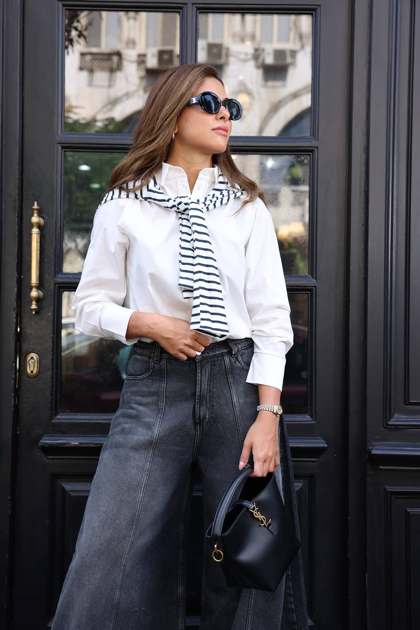 STRIPPED WIDE LEG DENIM PANT-BLACK