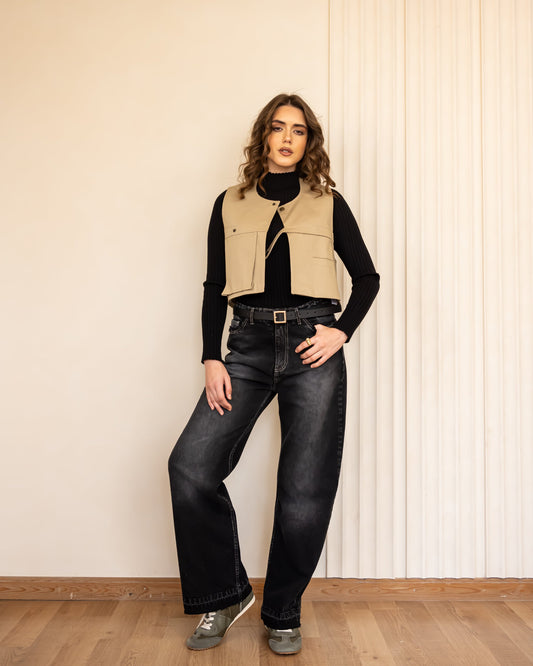 WIDE LEG FRINGE DENIM PANT-BLACK