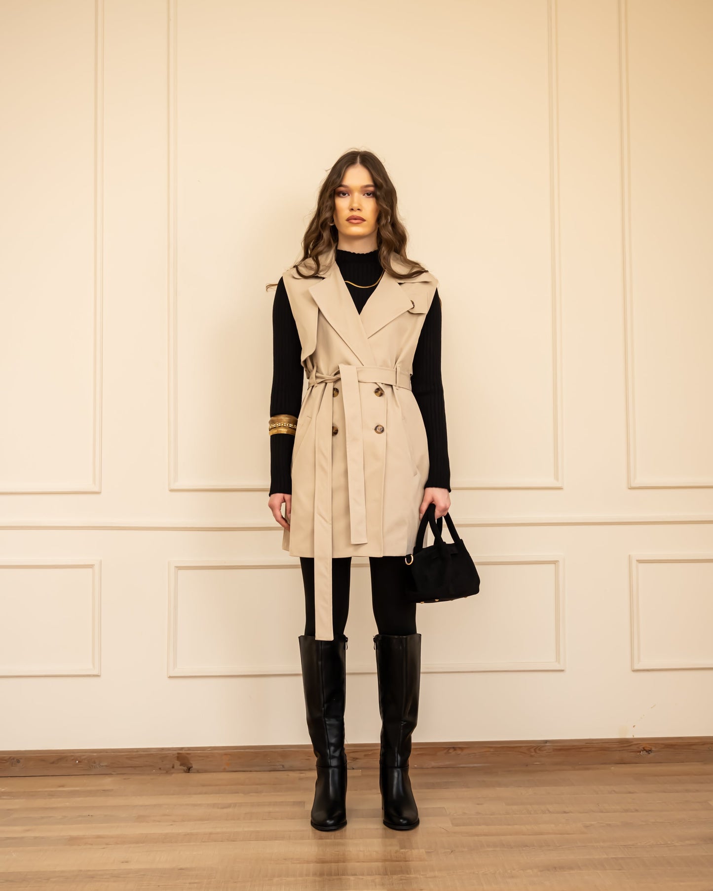 SLEEVELESS TRENCH COAT-DARK BEIGE