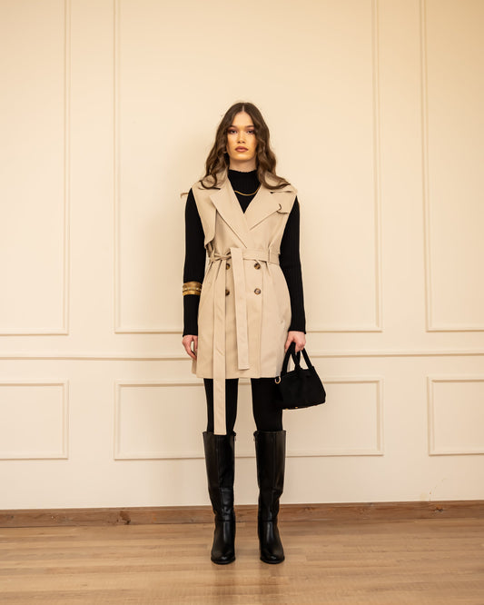 SLEEVELESS TRENCH COAT-DARK BEIGE