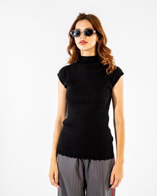 Sleeveless Ribbed Knit Top-BLACK