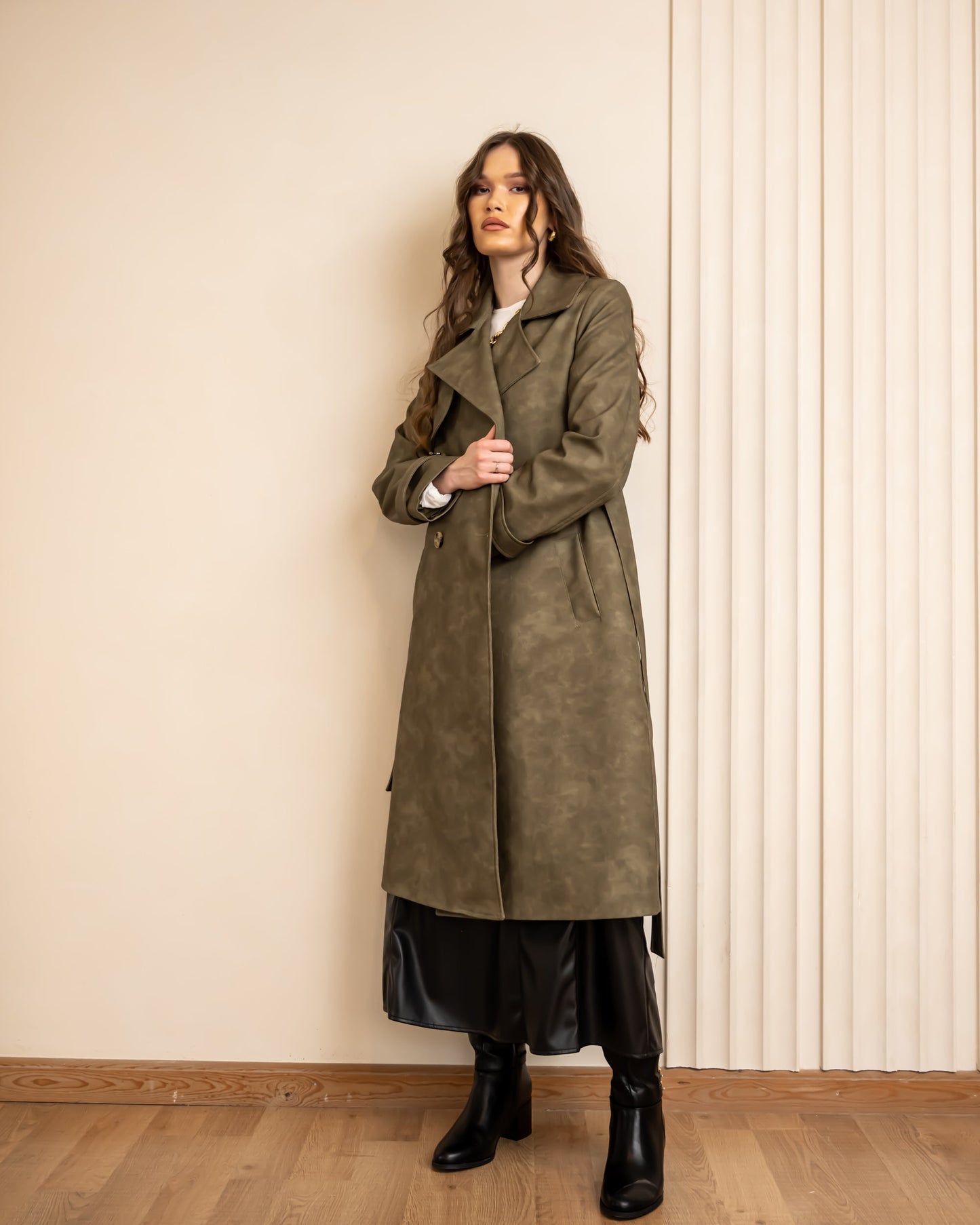 LEATHER TRENCH COAT-OLIVE