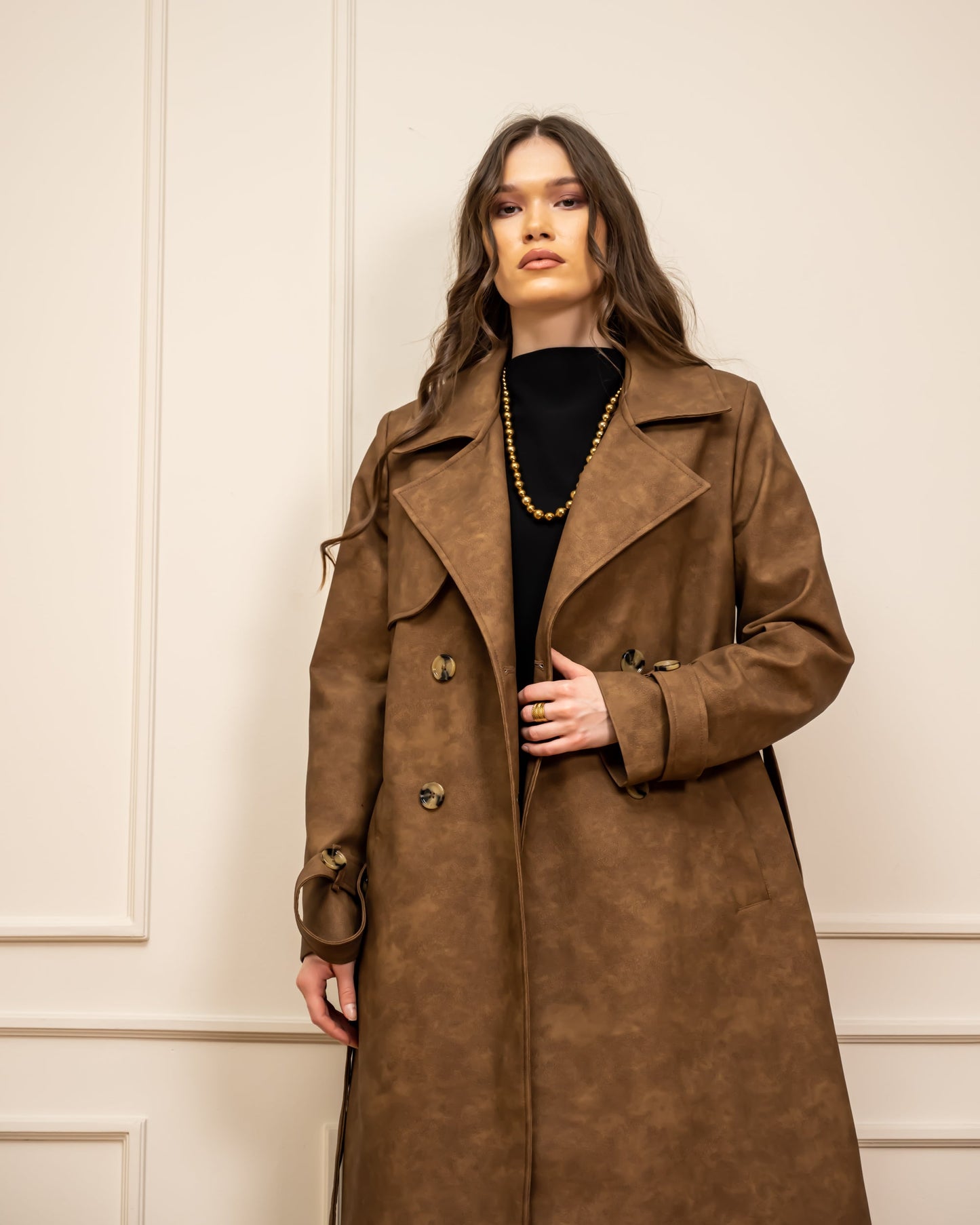 LEATHER TRENCH COAT-BROWN