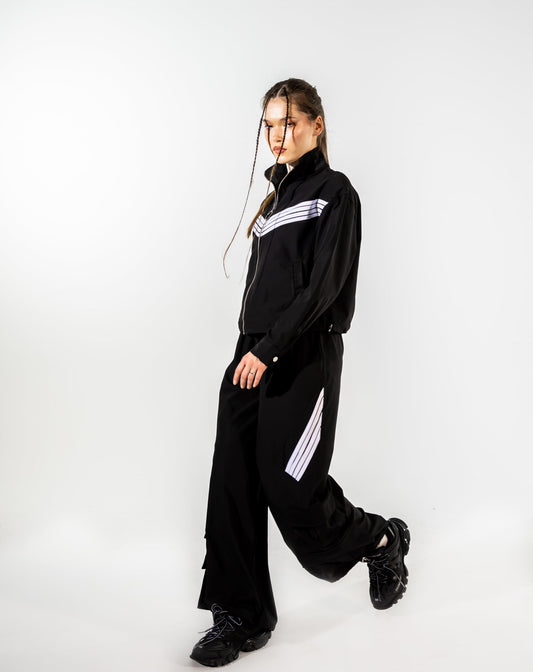 STRIPPED POCKET WIDE LEG PANT-BLACK