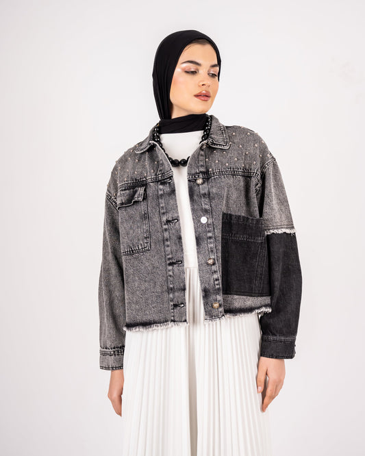 CROPPED DENIM JACKET -DARK GRAY