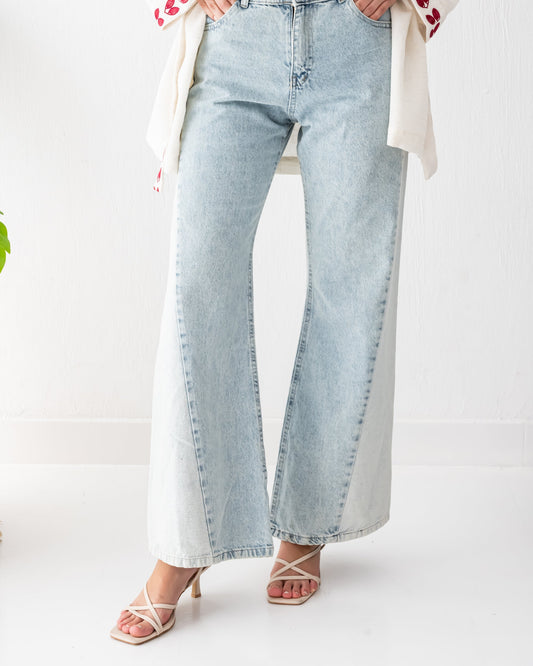 MIXED DENIM WIDE LEG PANT-ICED