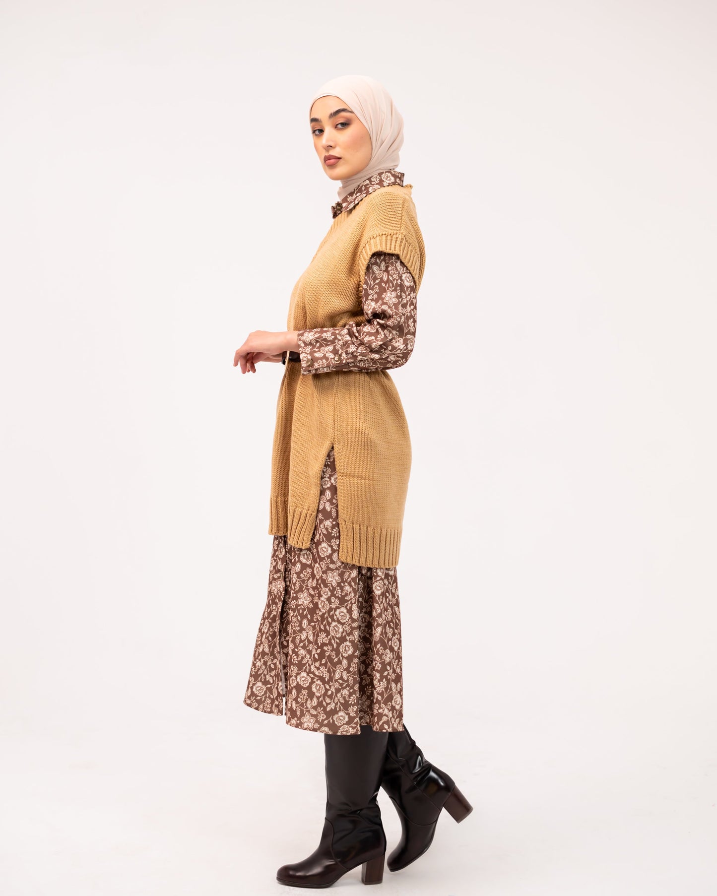 FLOWERED LONG OVERSHIRT -BROWN