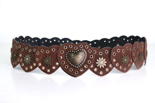 STUDDED METAL HEART BELT-BROWN