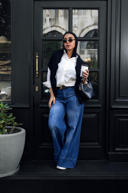 DENIM EFFECT  WIDE LEG TROUSERS -BLUE