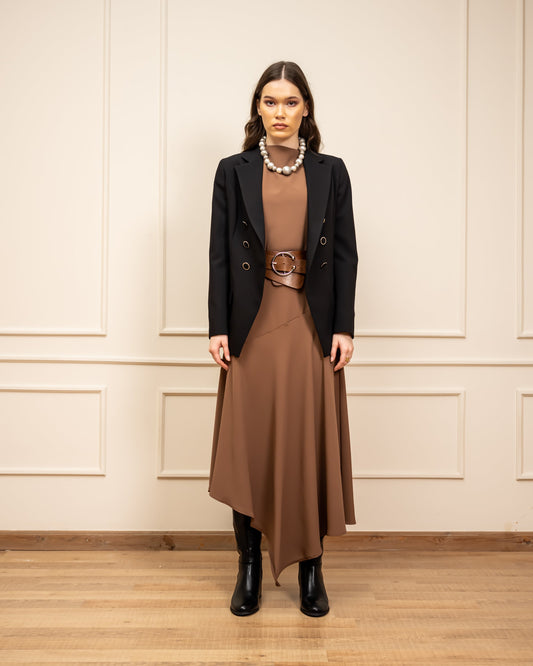 SLEEVELESS HIGH LOW DRESS-BROWN