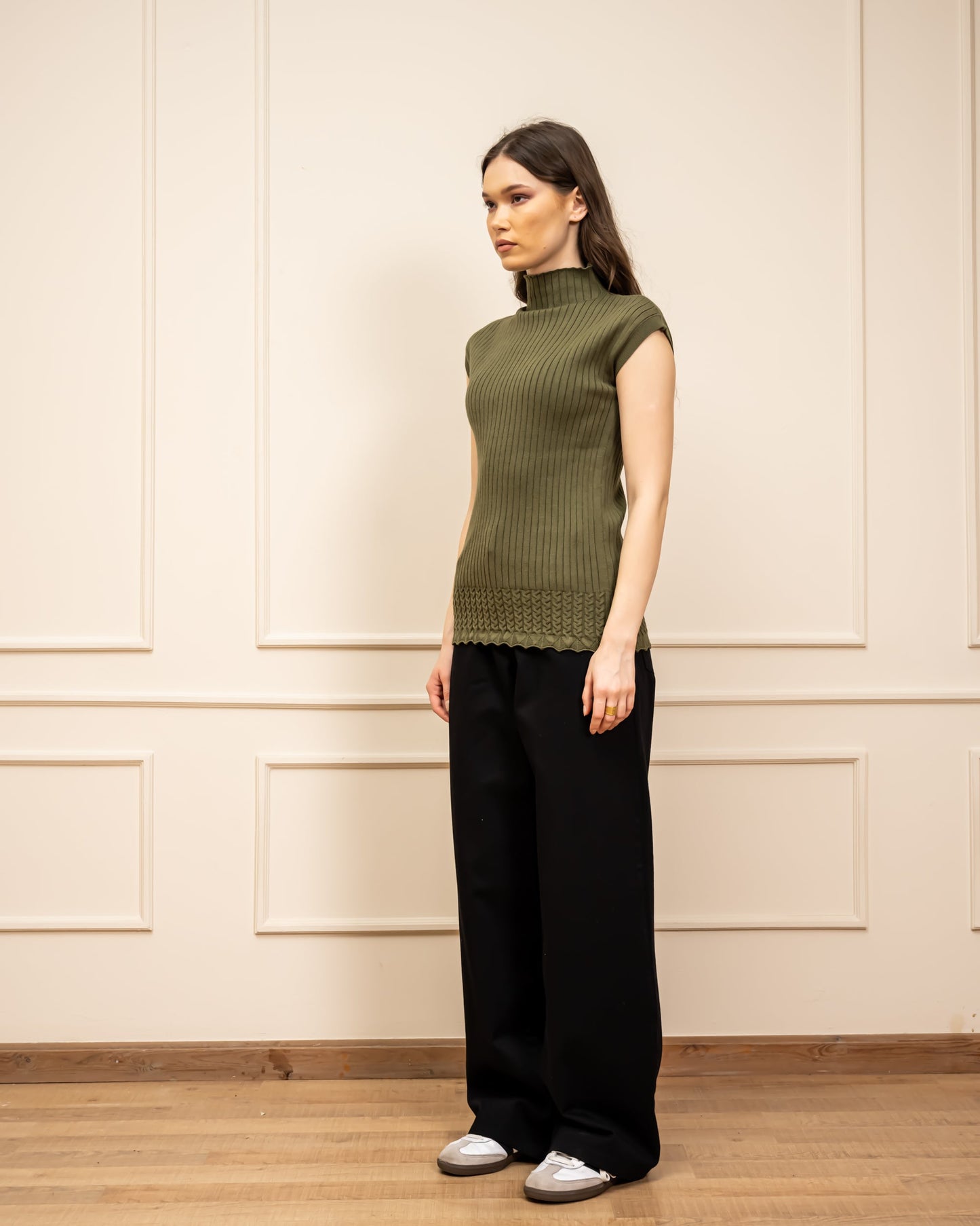 Sleeveless Ribbed Knit Top-OLIVE