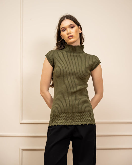 Sleeveless Ribbed Knit Top-OLIVE