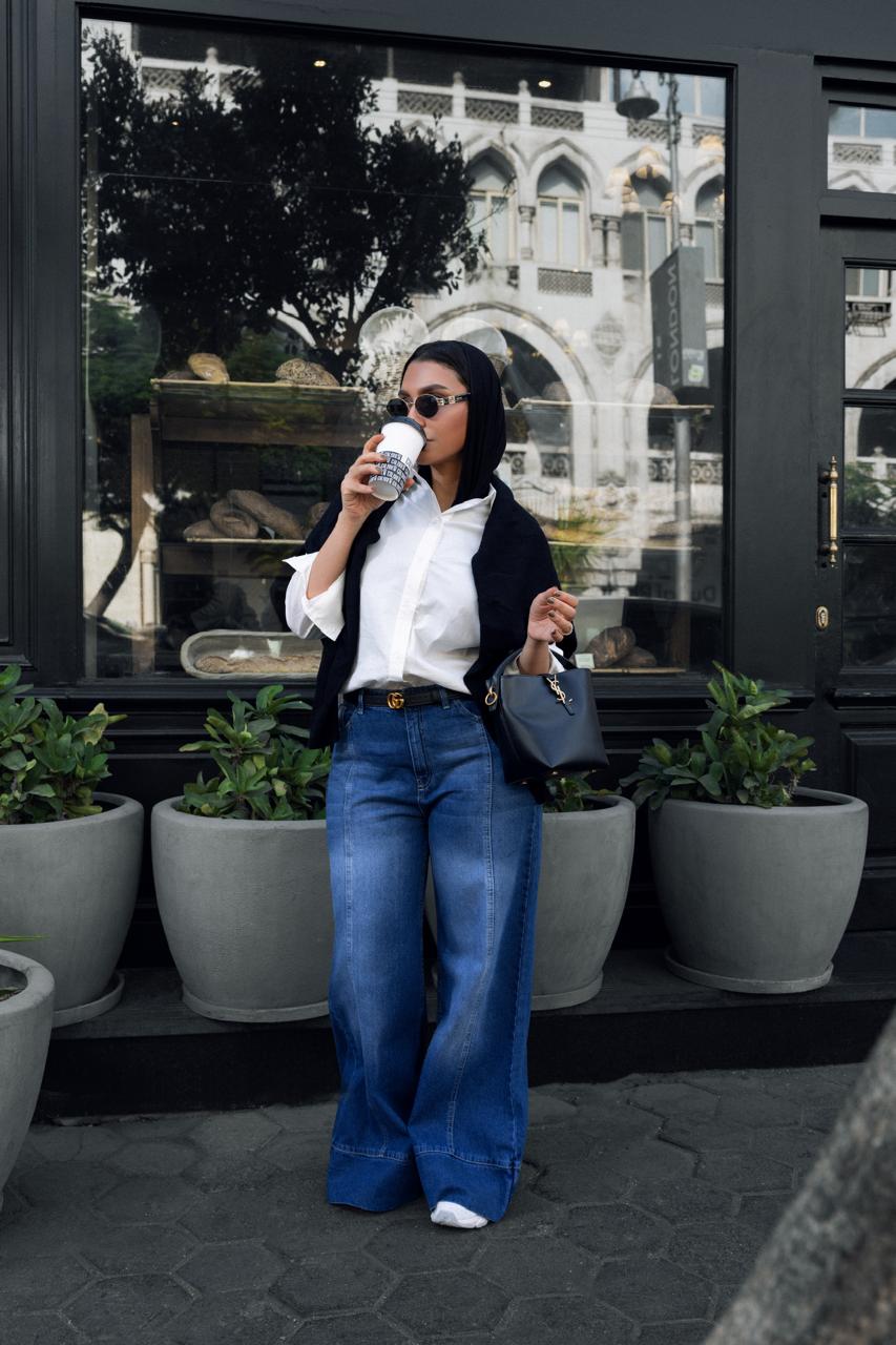 DENIM EFFECT  WIDE LEG TROUSERS -BLUE