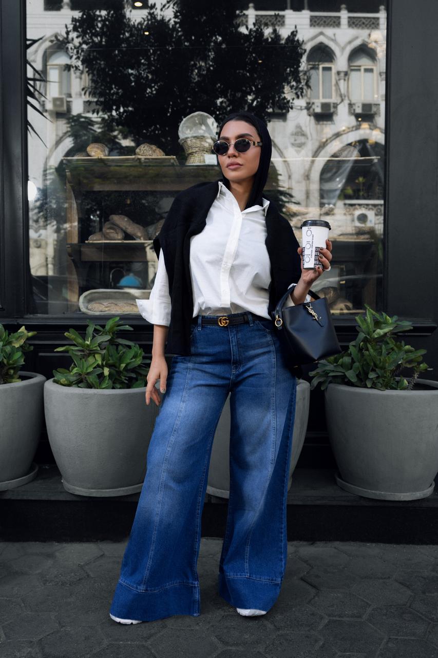 DENIM EFFECT  WIDE LEG TROUSERS -BLUE